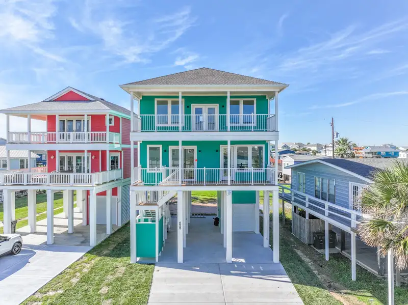 4206 Coastal Retreat aerial view of elevated coastal home, Galveston Island TX